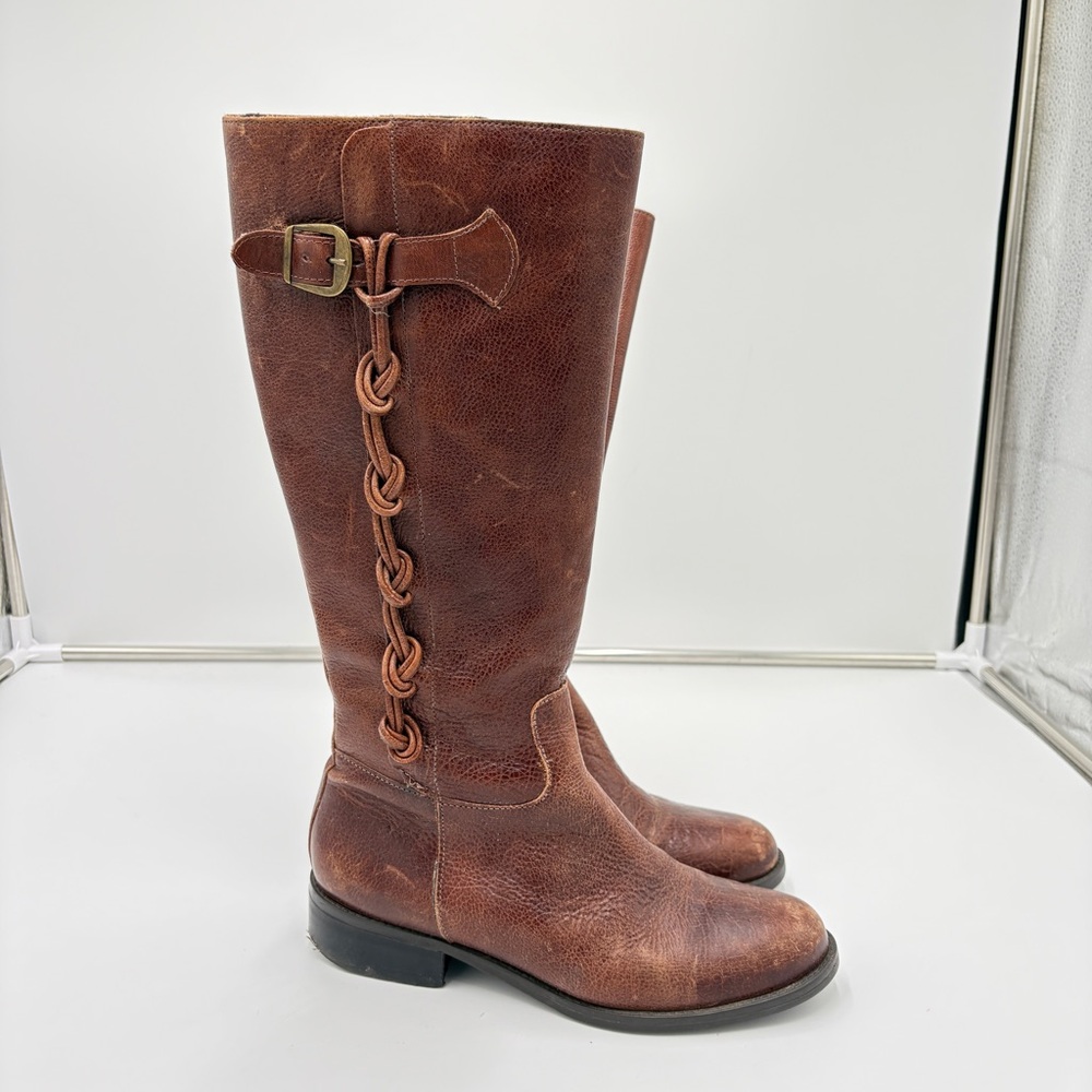 Vintage Y2K Nicole Brown Leather Riding Boots Braid Buckle Western Zip Tall 7.5